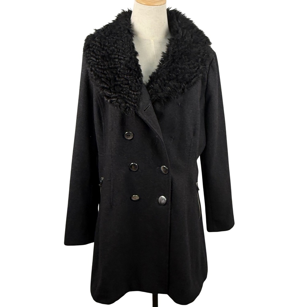 La Nouvelle Renaissance Women XL Pea Coat Black Wool Faux Fur Collar Mob Wife